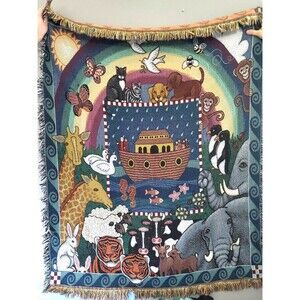 American Weavers Noah's Ark Tapestry Throw Blanket Fringe 63" x 51"